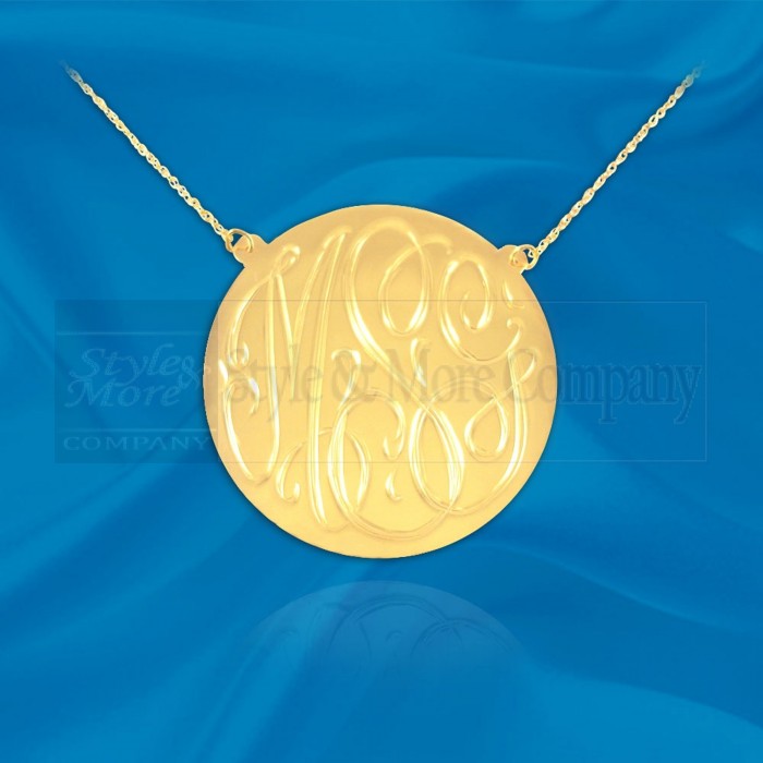 1 1/4 inch 24K Gold Plated Sterling Silver Hand Engraved Personalized Initial Necklace